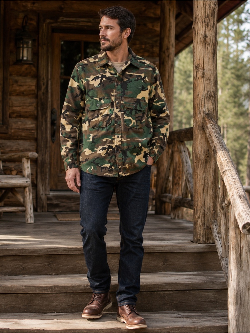 Cabela’s Outdoor Gear Woodland Camo Shirt Jacket Men’s L 24” PTP